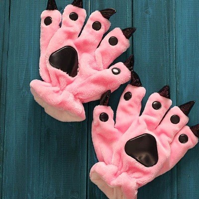 Unisex Animal Hands Paw Flannel Pink Cartoon Gloves