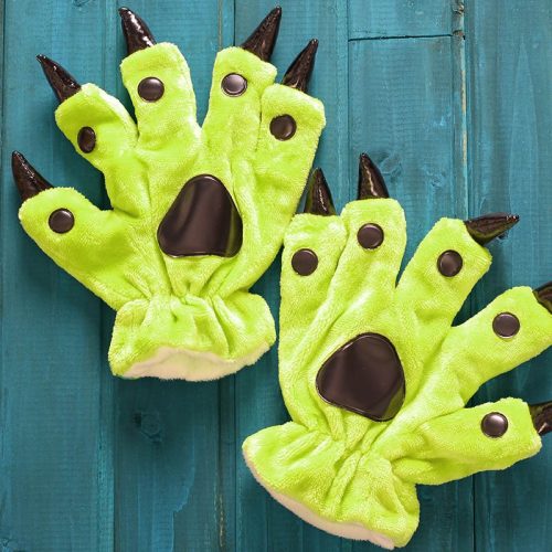 Unisex Animal Hands Paw Flannel Light Green Cartoon Gloves