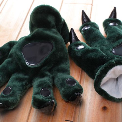 Unisex Animal Hands Paw Flannel Green Cartoon Gloves