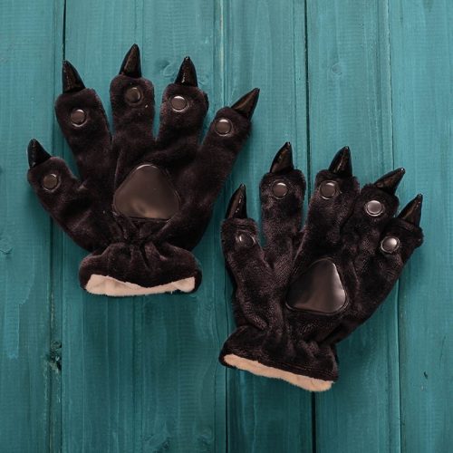 Unisex Animal Hands Paw Flannel Black Cartoon Gloves